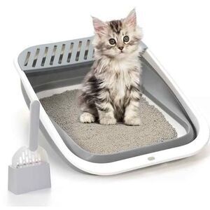 Foldable open top Cat Litter Box with scoop, Height-Adjustable